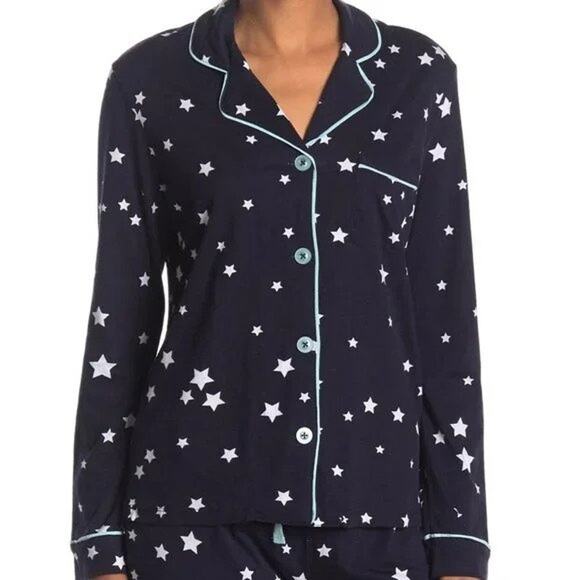 Cozy Zoe Star Print Button Front Long Sleeve Pajama PJ Top Navy Blue size S NWOT - Picture 1 of 11